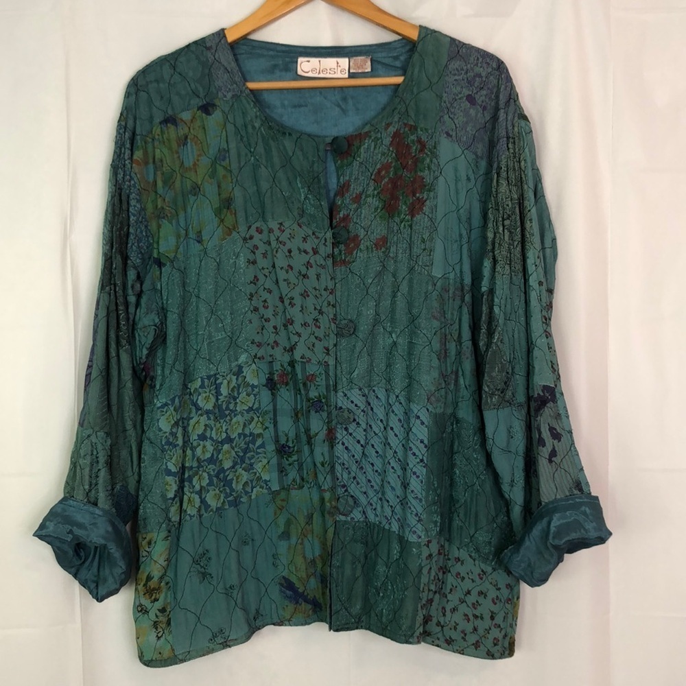 CELESTE Women’s Teal Floral Silk Blended Patchwork Embroidered Jacket Size M/L